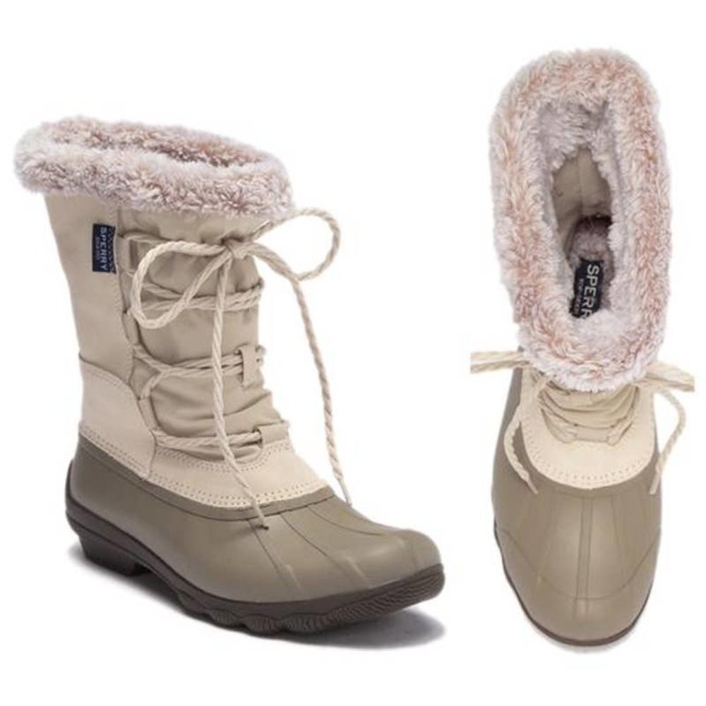 NEW Sperry Syren Strait Boots Oat Fleece Duck Boots Lace Up Winter Waterproof